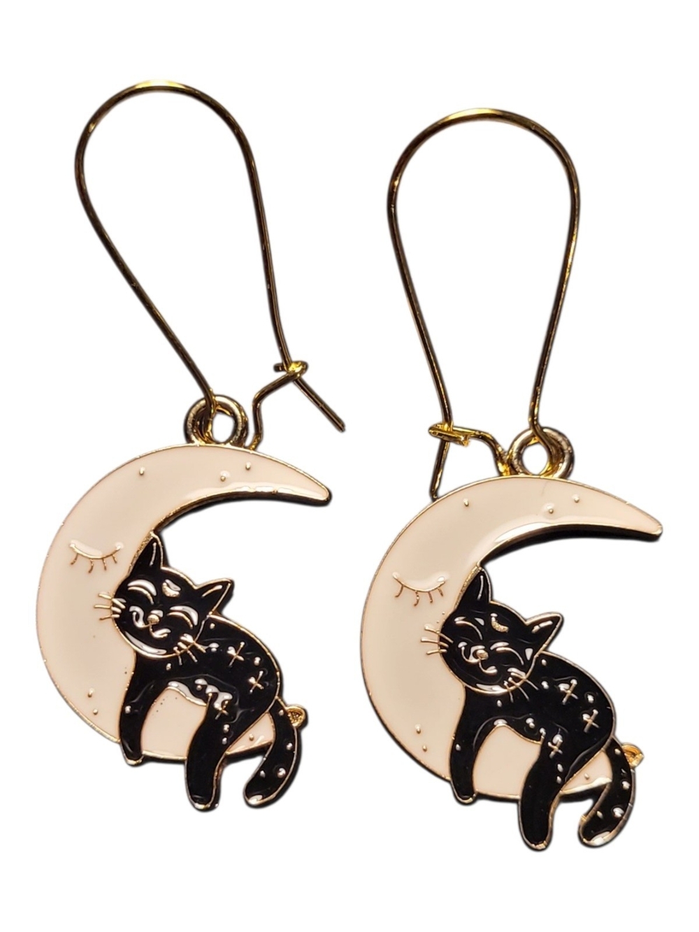 Gold Cat on Cream Moon Enamel Drop Earrings